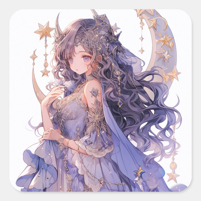 Anime Girl Lila Moon Princess Fantasy Art Quadratischer Aufkleber (Vorderseite)