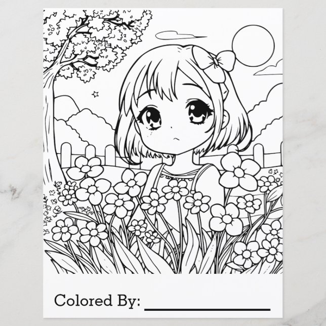 Anime Girl mit Blume | Farbseite (Vorderseite)