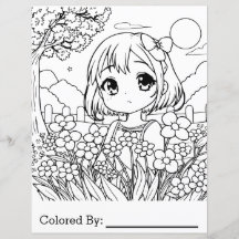 Anime Girl mit Blume | Farbseite