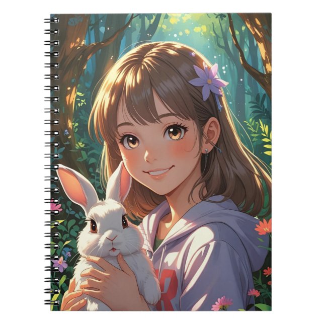Anime Girl mit Blume Ribbon und ihrem Bunny Notizblock (Vorderseite)