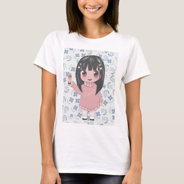 Anime Girl mit Blume T-Shirt (Vorderseite)