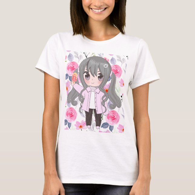 Anime Girl mit Blume T-Shirt (Vorderseite)