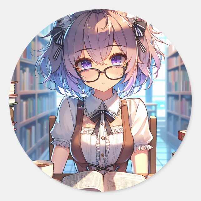 Anime Girl mit Brille an der Bibliothek Runder Aufkleber (Vorderseite)