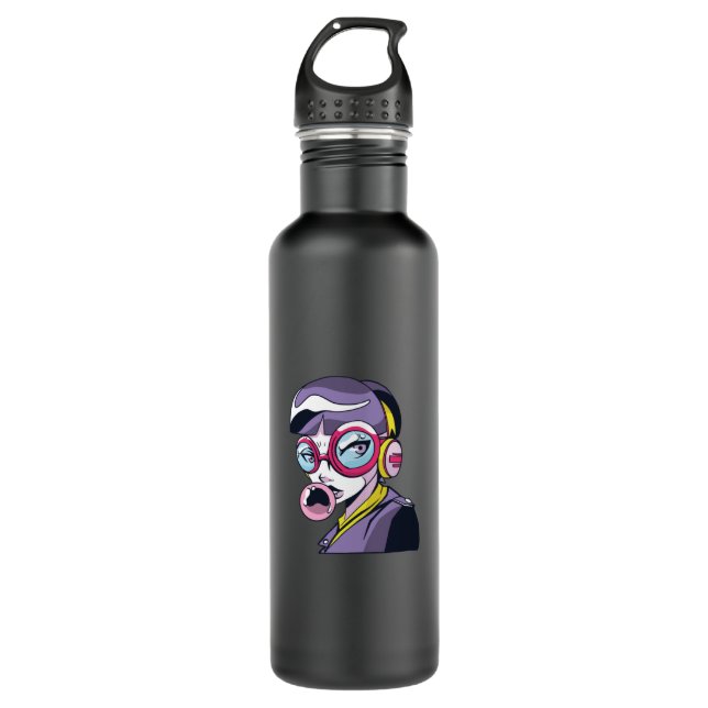 Anime Girl mit Brille Edelstahlflasche (Vorderseite)
