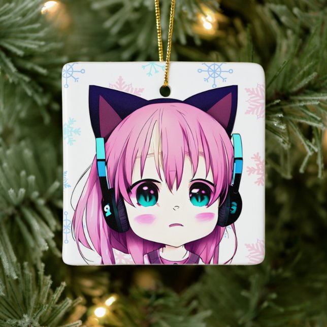 Anime Girl mit Cat Ears Headband Weihnachten Keramikornament (Baum)
