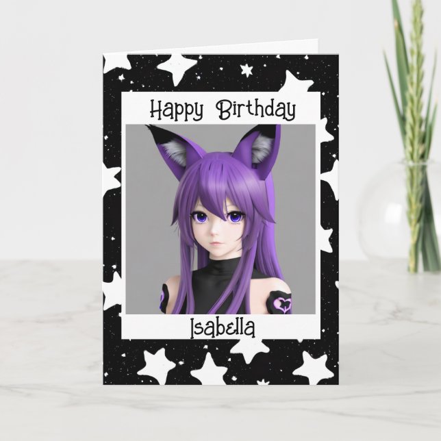 Anime Girl mit Fox Ears Geburtstag Karte (Vorderseite)