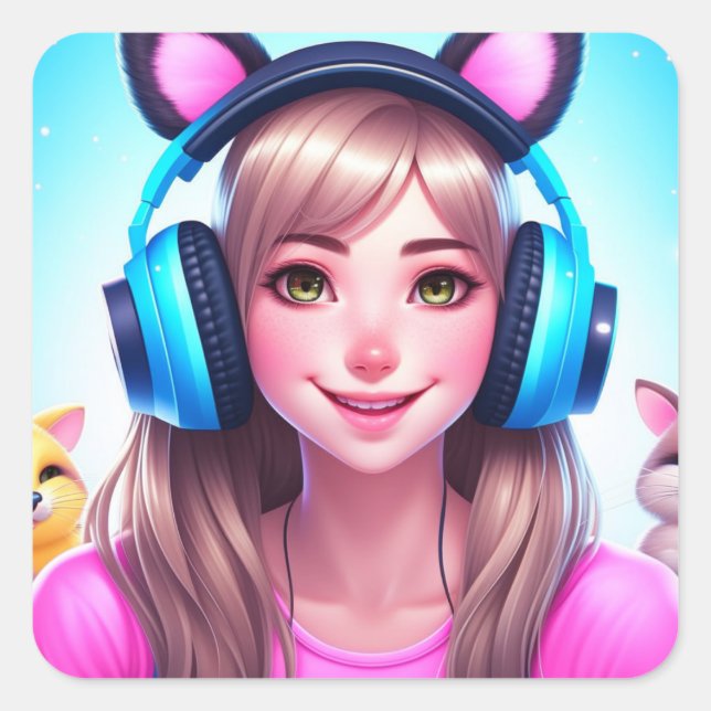 Anime Girl mit Gaming-Kopfhörern Quadratischer Aufkleber (Vorderseite)
