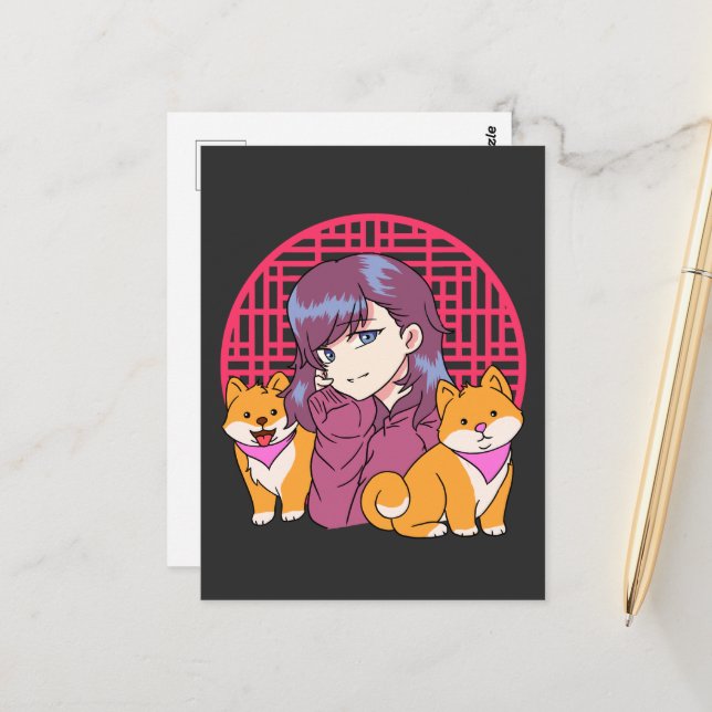 Anime Girl mit Hunden Postkarte (Vorderseite/Rückseite Beispiel)