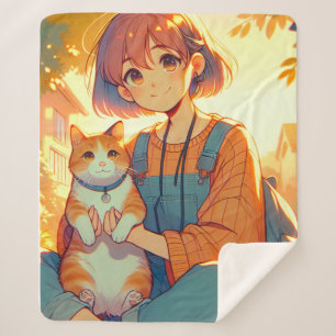Anime Girl mit ihrer Lieblingskatze Sherpadecke