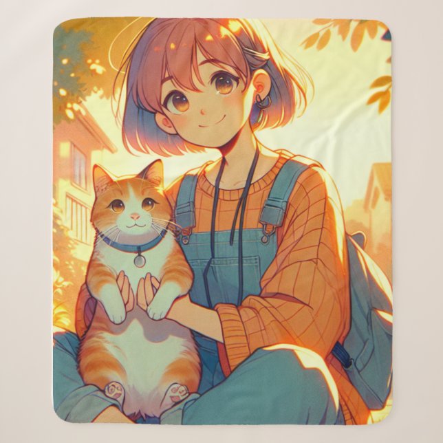 Anime Girl mit ihrer Lieblingskatze Sherpadecke (Vorderseite)