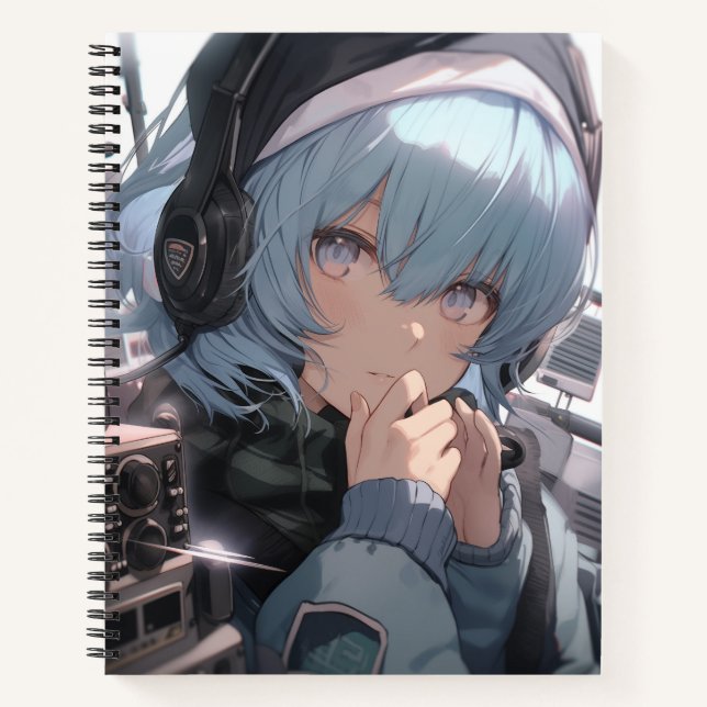 Anime Girl mit Kopfhörer Notizbuch (Vorderseite)