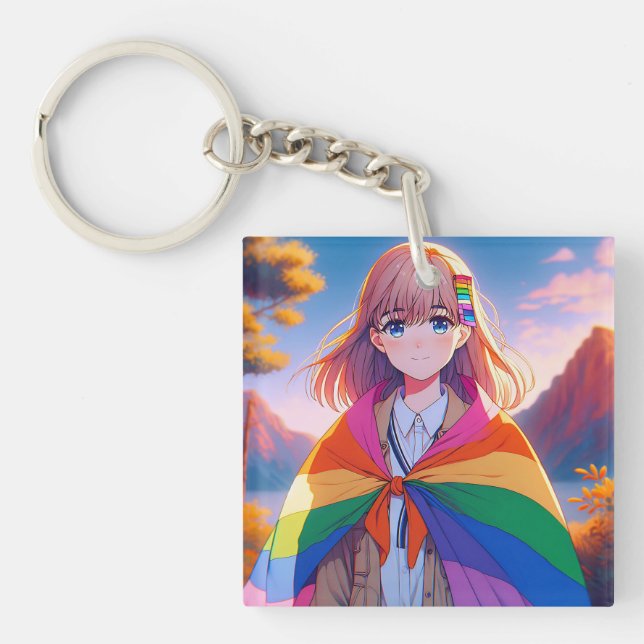 Anime Girl mit LGBTQIA+ Cape Schlüsselanhänger (Vorderseite)
