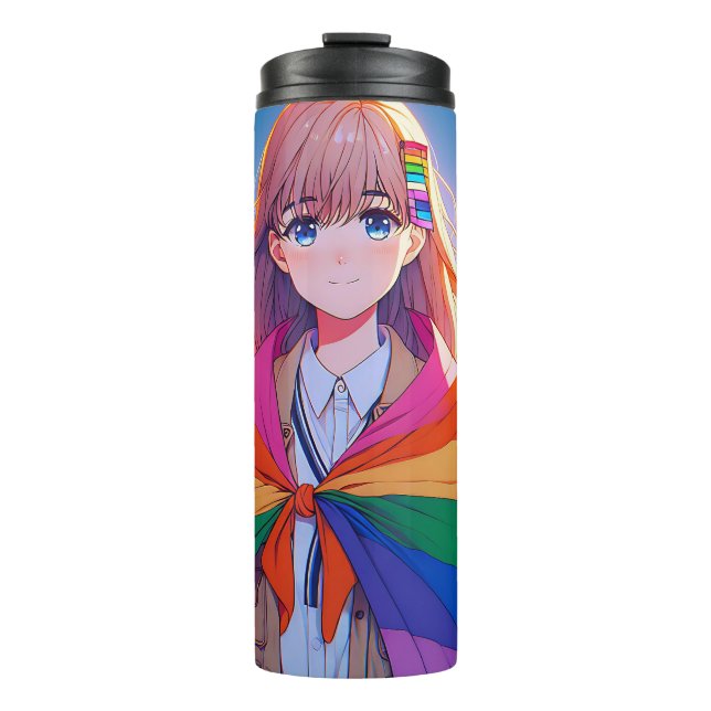 Anime Girl mit LGBTQIA+ Cape Thermosbecher (Vorderseite)