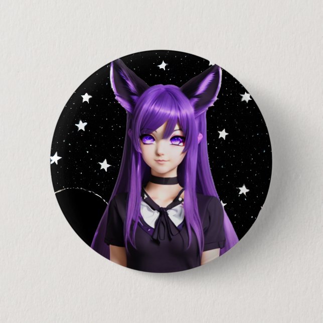 Anime Girl mit Lila Haar und Augen Button (Vorderseite)