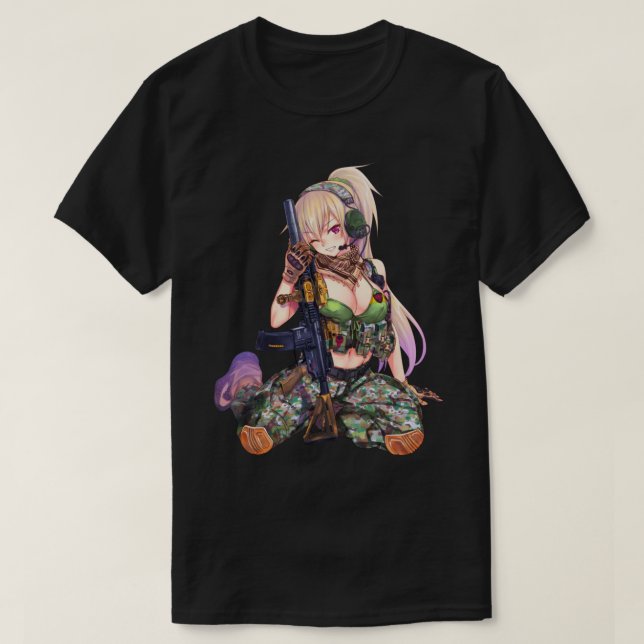 Anime Girl mit Schusswaffendesign cool T-Shirt (Design vorne)