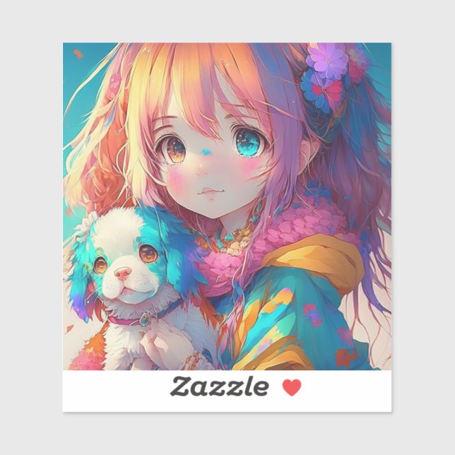 Anime Girl mit Welpe Aufkleber (Blatt)