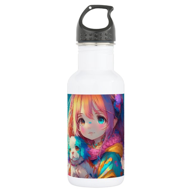 Anime Girl mit Welpe Edelstahlflasche (Vorderseite)