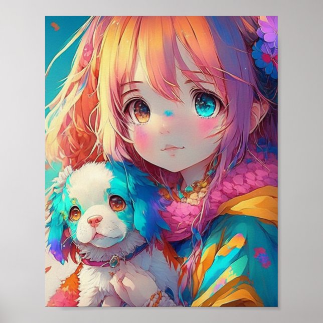 Anime Girl mit Welpe Poster (Vorne)