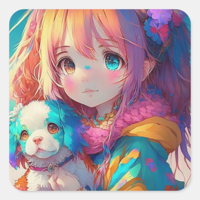 Anime Girl mit Welpe Quadratischer Aufkleber (Vorderseite)