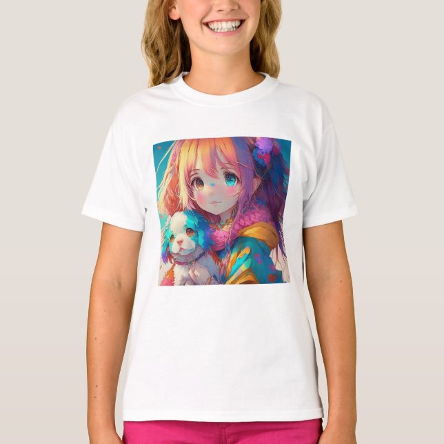 Anime Girl mit Welpe T-Shirt (Vorderseite)