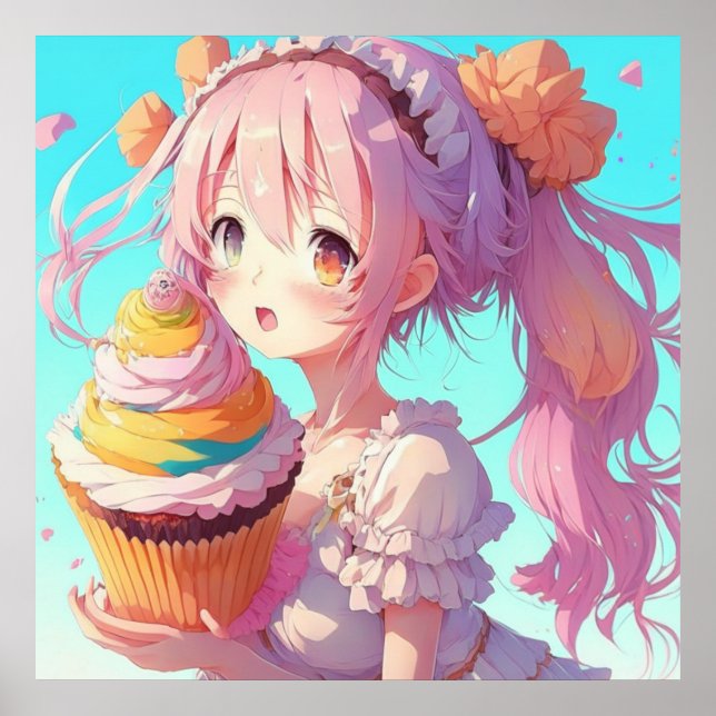 Anime Girl mit Whimsical Cupcake Poster (Vorne)