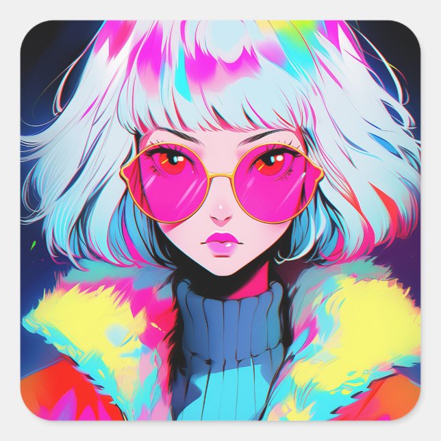 Anime Girl Moderne Kunst Quadratischer Aufkleber (Vorderseite)