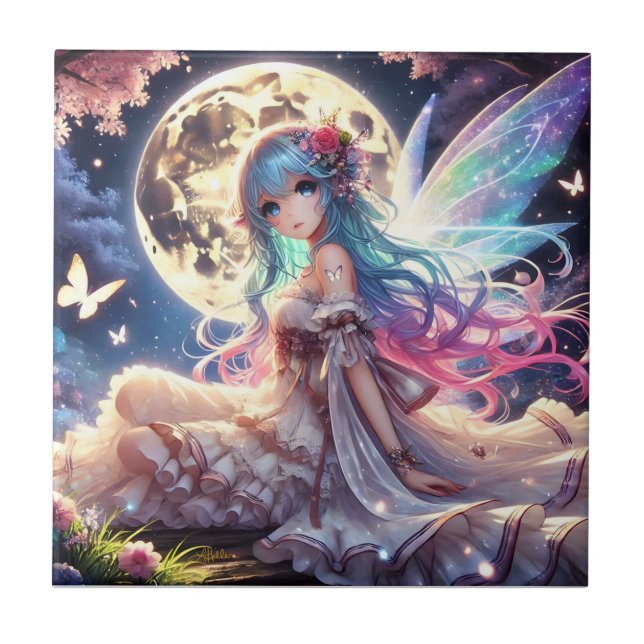 Anime Girl Moon Fairy Princess in Garden Fliese (Vorderseite)