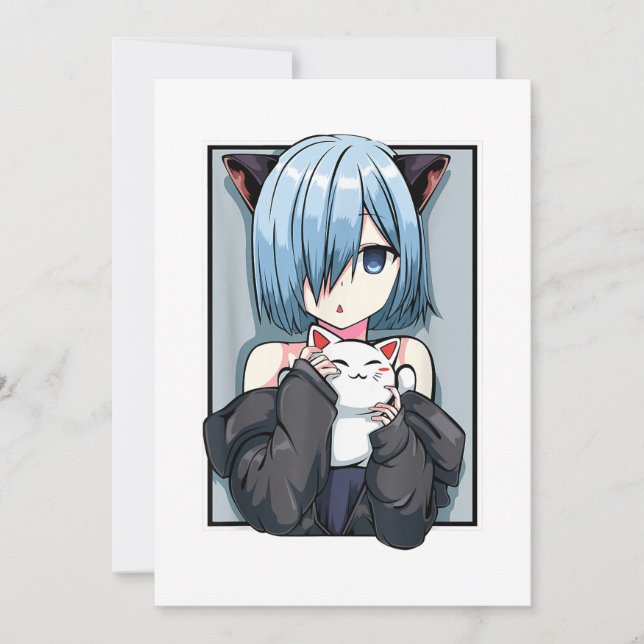 Anime Girl Neko Catgirl Pastel Kawaii Cat Manga Ja Einladung (Vorderseite)