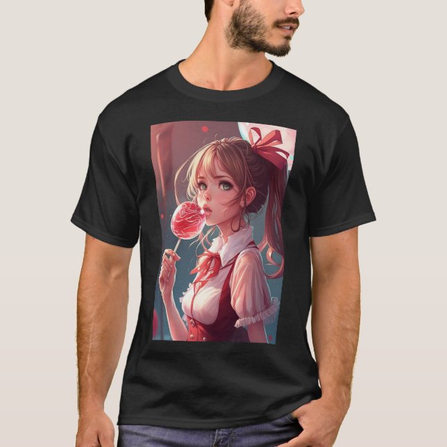 Anime Girl Niedlich Hottie Eating Lollipop Sexy Sh T-Shirt (Vorderseite)