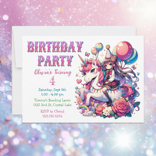 Anime Girl on Unicorn Anniversaire Invitation