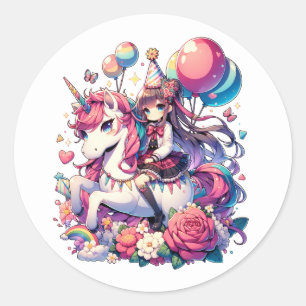Anime Girl on Unicorn Birthday Runder Aufkleber