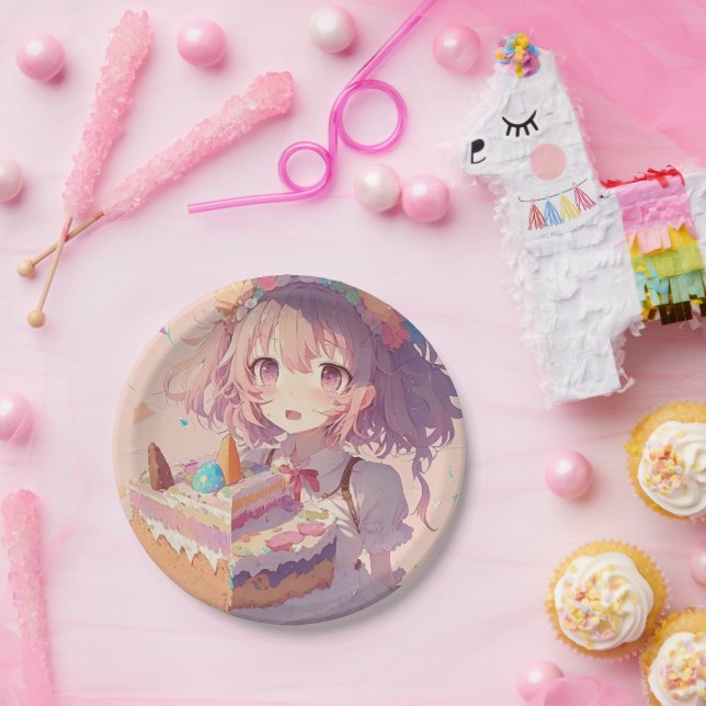 Anime Girl Piece of Cake Whimsical Birthday Pappteller (Party)