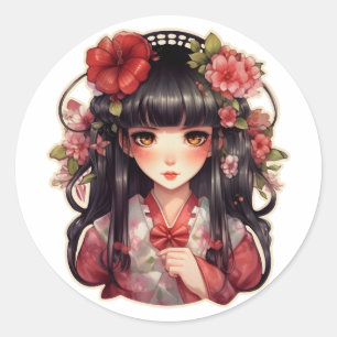 Anime Girl Pink-Blume Runder Aufkleber