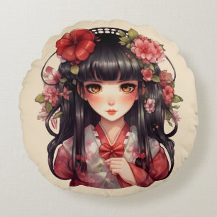 Anime Girl Pink-Blume Rundes Kissen