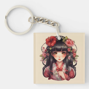 Anime Girl Pink-Blume Schlüsselanhänger
