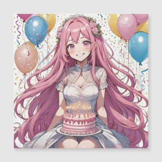 Anime Girl Pink Geburtstag Magneteinladung