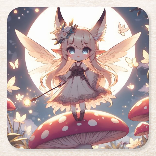 Anime Girl Pixie Hippie Moon Fairy Rechteckiger Pappuntersetzer (Vorderseite)