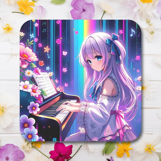 Anime Girl Playing Piano Quadratischer Aufkleber (Von Creator hochgeladen)