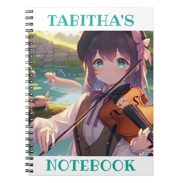 Anime Girl Playing Violine und Axolotl Notizblock (Vorderseite)