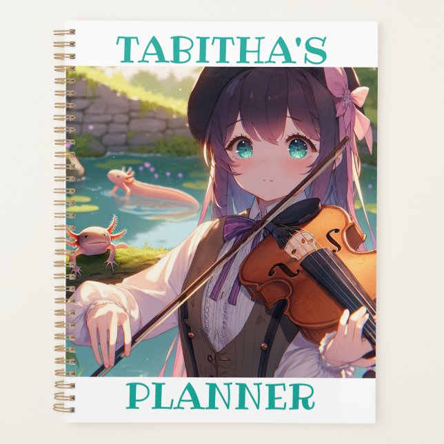 Anime Girl Playing Violine und Axolotl Planer (Vorderseite)
