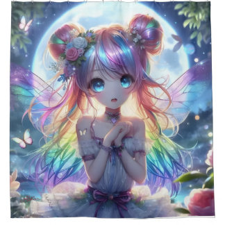 Anime Girl Rainbow Hair Singing Moon Fairy Duschvorhang