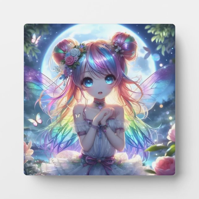 Anime Girl Rainbow Hair Singing Moon Fairy Fotoplatte (Vorderseite)
