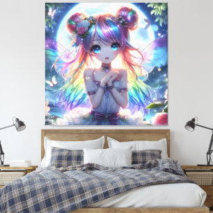 Anime Girl Rainbow Hair Singing Moon Fairy Leinwanddruck