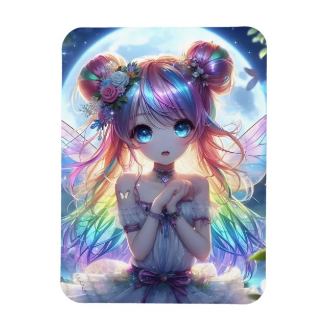 Anime Girl Rainbow Hair Singing Moon Fairy Magnet (Vertikal)