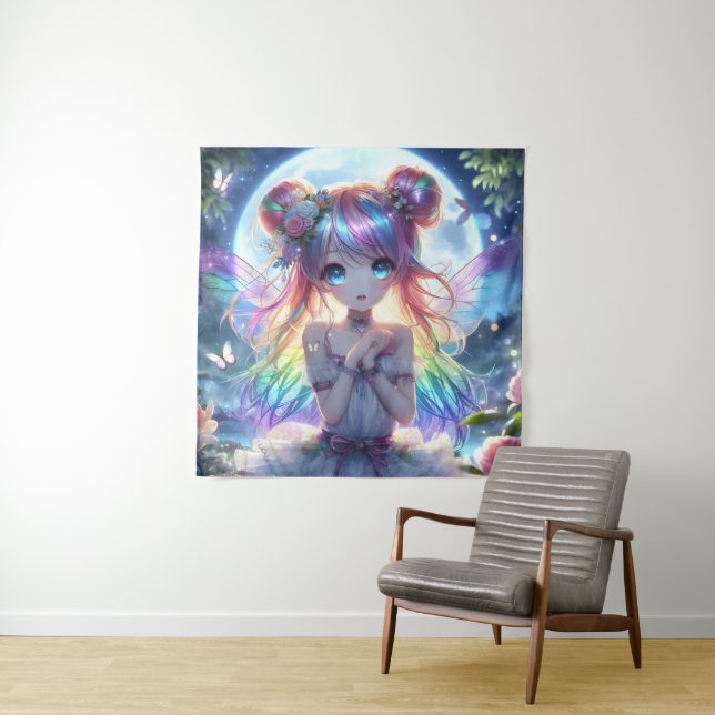 Anime Girl Rainbow Hair Singing Moon Fairy Wandteppich (Beispiel)