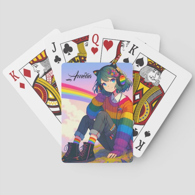 Anime Girl Rainbow Sweater Personalisiert Spielkarten (Rückseite)