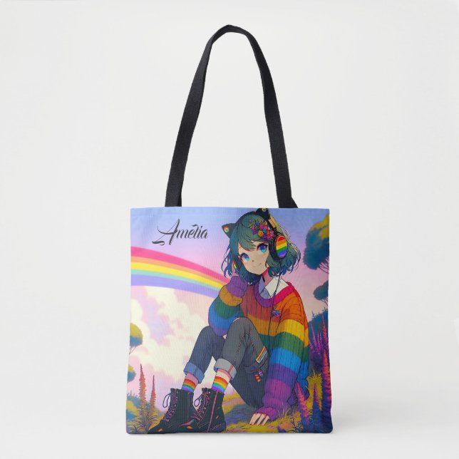 Anime Girl Rainbow Sweater Personalisiert Tasche (Vorderseite)