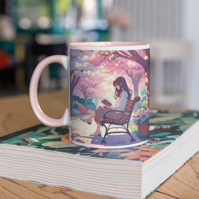 Anime Girl Reading im Park Zweifarbige Tasse (Von Creator hochgeladen)