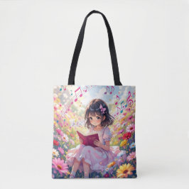 Anime Girl Reading  in Flowers and Musical Notes Tasche