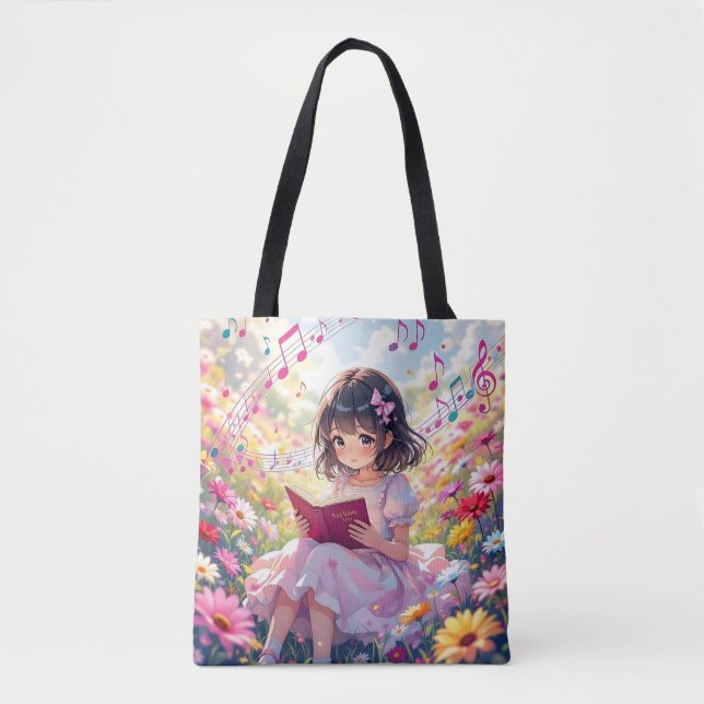 Anime Girl Reading  in Flowers and Musical Notes Tasche (Vorderseite)